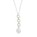 A moonstone and diamond set pendant necklace collet set with an oval moonstone cabochon, suspended