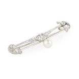An early 20th century diamond and pearl set bar brooch of simple scrolling design, set throughout