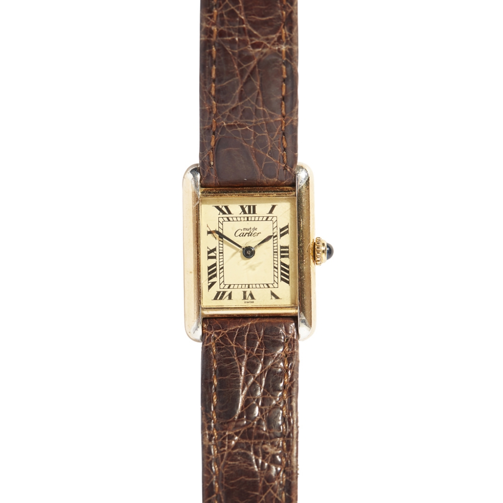 A lady's Vermeil Must de Cartier wrist watch Tank, rectangular case, cream dial, quartz movement,