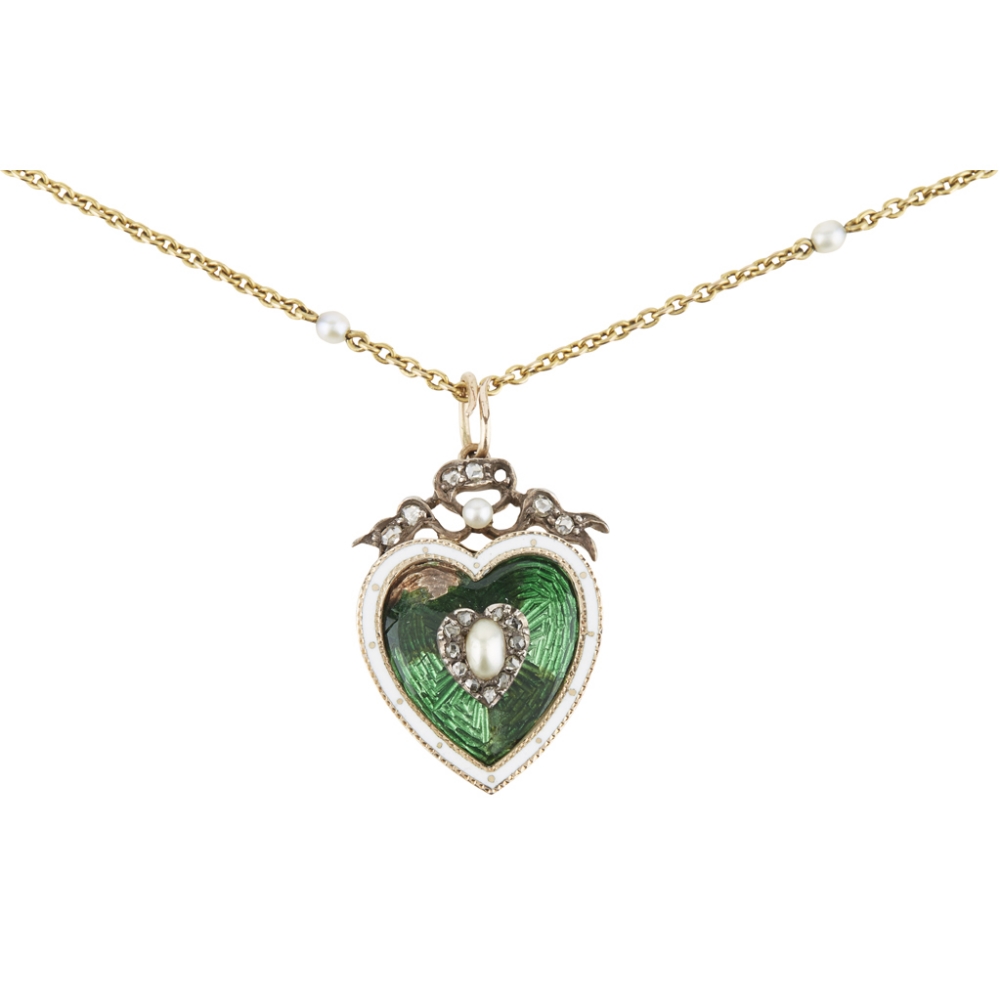 An enamel, pearl and diamond set pendant of heart-shaped outline, the green enamelled ground in a - Image 2 of 2