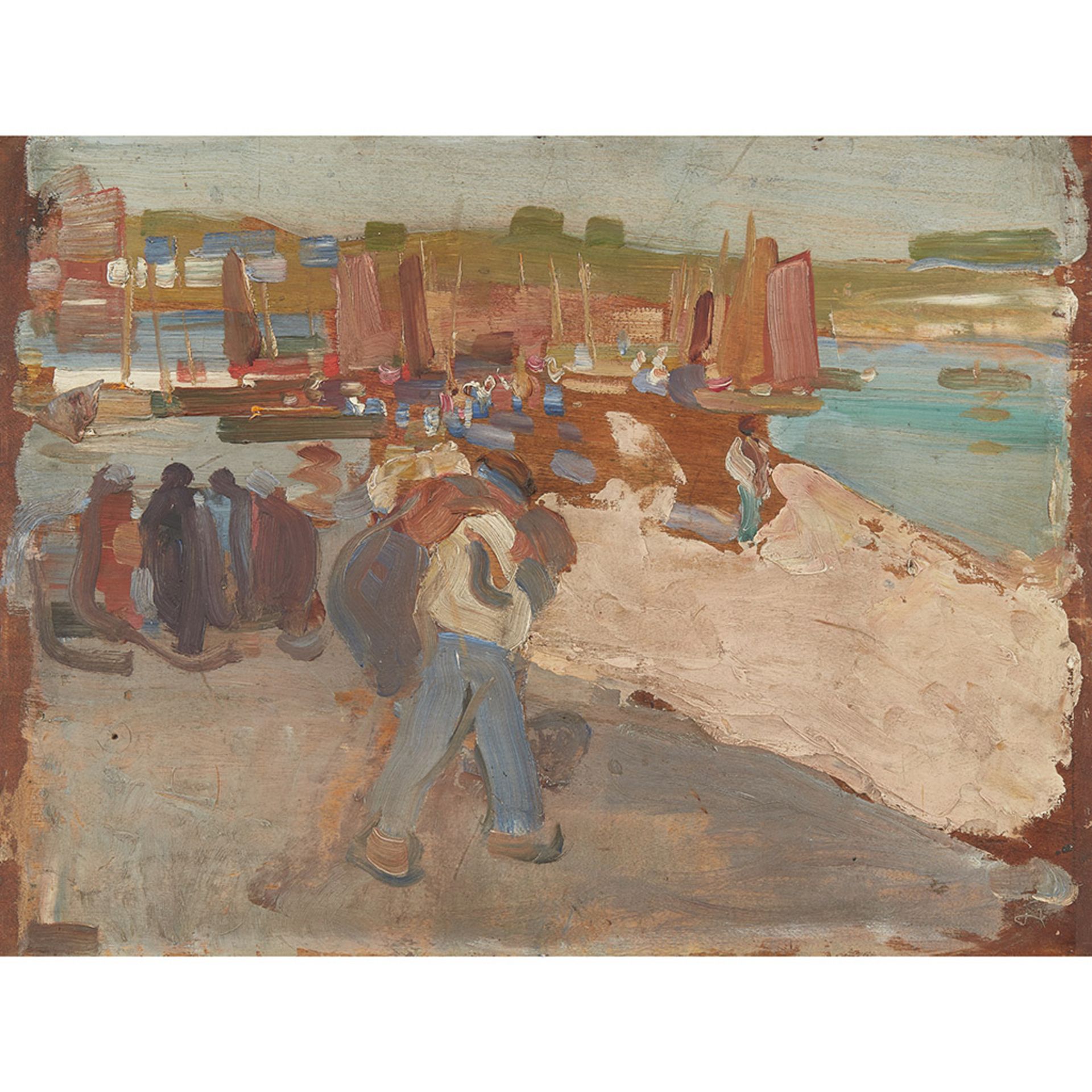 ROBERT BROUGH R.A., A.R.S.A. (SCOTTISH 1872-1905)ROWING BOATS BY A HARBOUR QUAY, CONCARNEAU Oil on - Image 3 of 3