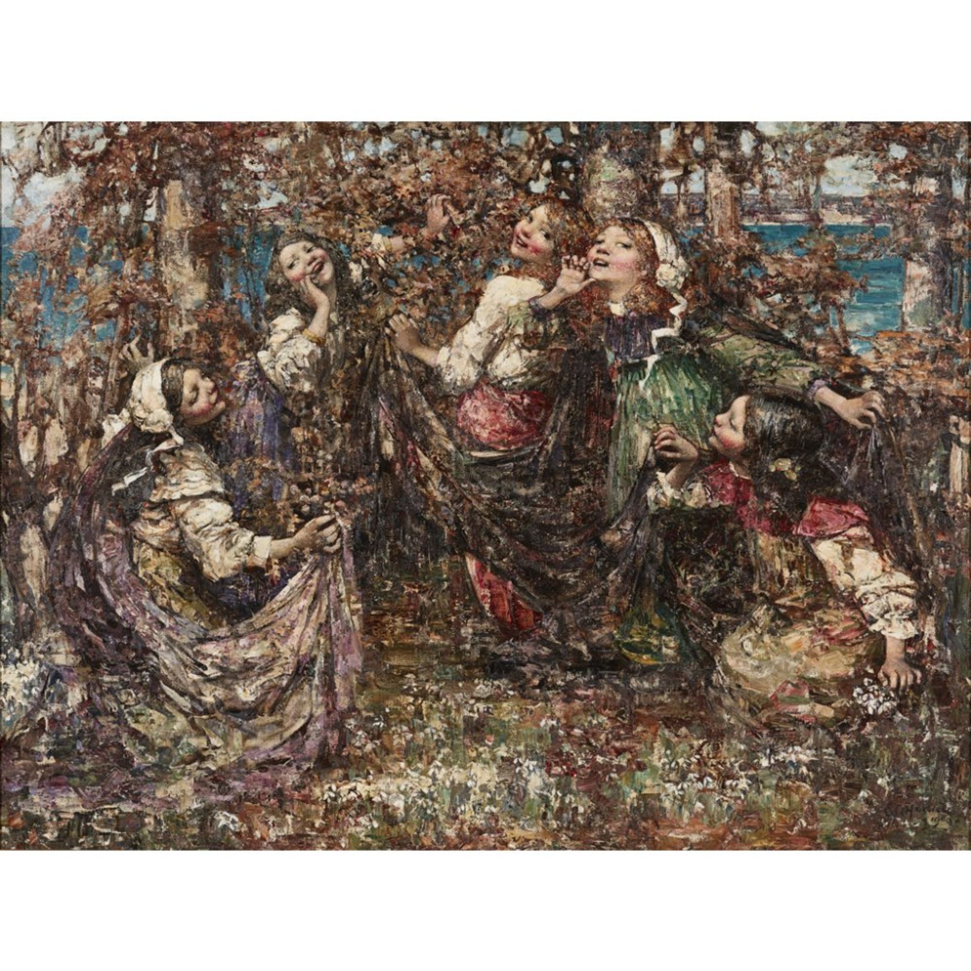 EDWARD ATKINSON HORNEL (SCOTTISH 1864-1933)RING A RING O'ROSES Signed and dated 1909, oil on