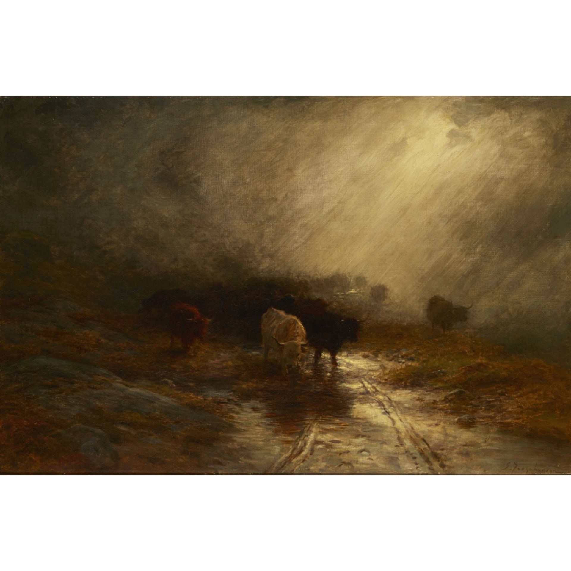 JOSEPH FARQUHARSON R.A. (SCOTTISH 1846-1935)CATTLE IN THE MIST Signed, oil on canvas51cm x 76cm (