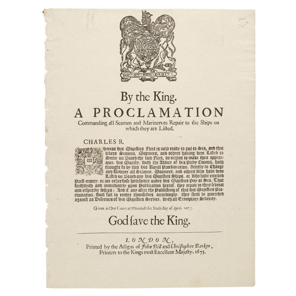 CHARLES IIPROCLAMATIONS ON THE NAVY, NAVIGATION AND TRADE, & CUSTOMS, COMPRISING By the King. A - Image 2 of 3