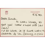 DIANA, PRINCESS OF WALES, 1961-97AUTOGRAPHED CARD SIGNED, KENSINGTON PALACE, 9TH SEPTEMBER 1990,