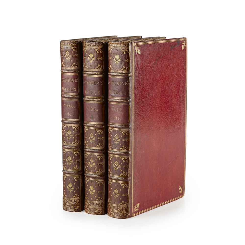 CONGREVE, WILLIAMTHE WORKS Birmingham: John Baskerville, 1761. 3 volumes, 8vo, portrait, 5 plates,