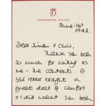 DIANA, PRINCESS OF WALES, 1961-97AUTOGRAPHED LETTER SIGNED, KENSINGTON PALACE, TO SIMON [BARNES] AND