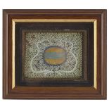 A FRAMED PIECE OF BLUE RIBBON OF JACOBITE INTERESTCONTAINED WITHIN A FRAME, SURROUNDED BY A