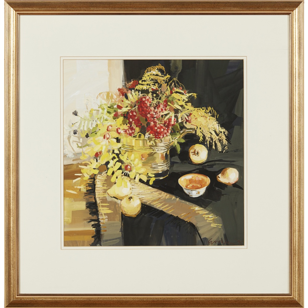 [§] GILLIAN GOODHEIR (SCOTTISH B.1949)AUTUMN STILL-LIFE Signed, gouache42cm x 40.5cm (16.5in x - Image 2 of 2