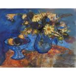 [§] ANN ORAM R.S.W. (SCOTTISH B. 1956)FLOWERS AND FRUIT ON BLUE AND ORANGE Signed and dated '88, ink