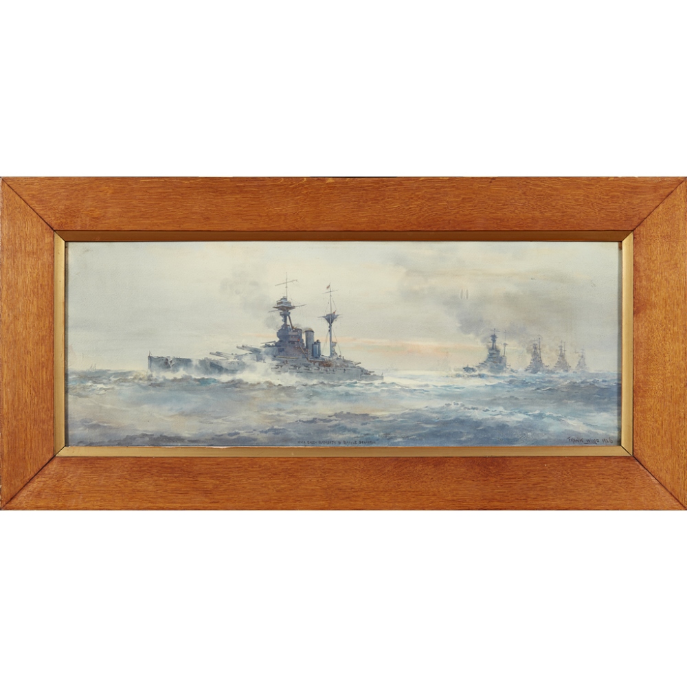 [§] FRANK WATSON WOOD (SCOTTISH 1862-1953)H.M.S. QUEEN ELIZABETH BATTLE SQUADRON Signed, inscribed - Image 2 of 2