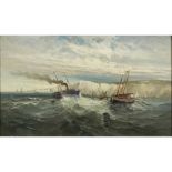 19TH CENTURY BRITISH SCHOOLBREAKING WAVES AT THE WHITE CLIFFS OF DOVER Signed Angé, oil on