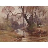 [§] ROBERT RUSSELL MACNEE R.G.I. (SCOTTISH 1880-1952)A QUIET CLEARING BY THE RIVER Signed, oil on