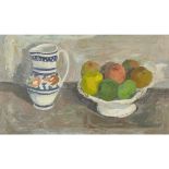 [§] HAMISH REID (SCOTTISH 1929-2005)DISH OF APPLES AND SPANISH JUG Oil on canvas35cm x 59.5cm (13.