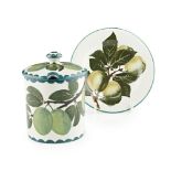 A WEMYSS WARE PRESERVE JAR AND COVER AND A SAUCER 'GREENGAGES' PATTERN, LATE 19TH/ EARLY 20TH