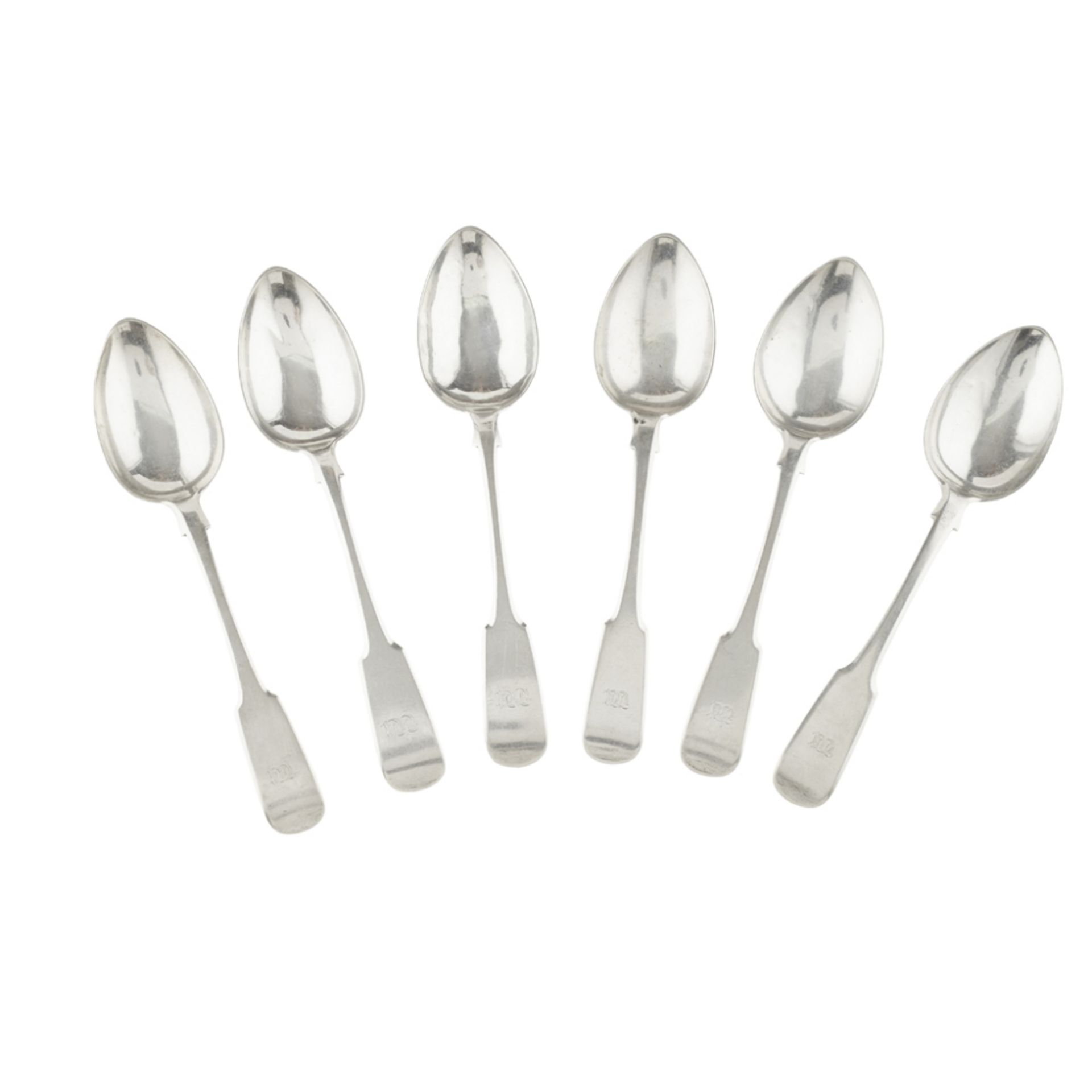 ABERDEEN - A SET OF SIX SCOTTISH PROVINCIAL DESSERT SPOONS JAMES BEGG marked JB, A, B, D, stylised