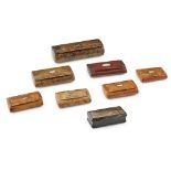 EIGHT HINGED SNUFF BOXES 19TH CENTURY comprising six burr wood examples, and a further plain wood