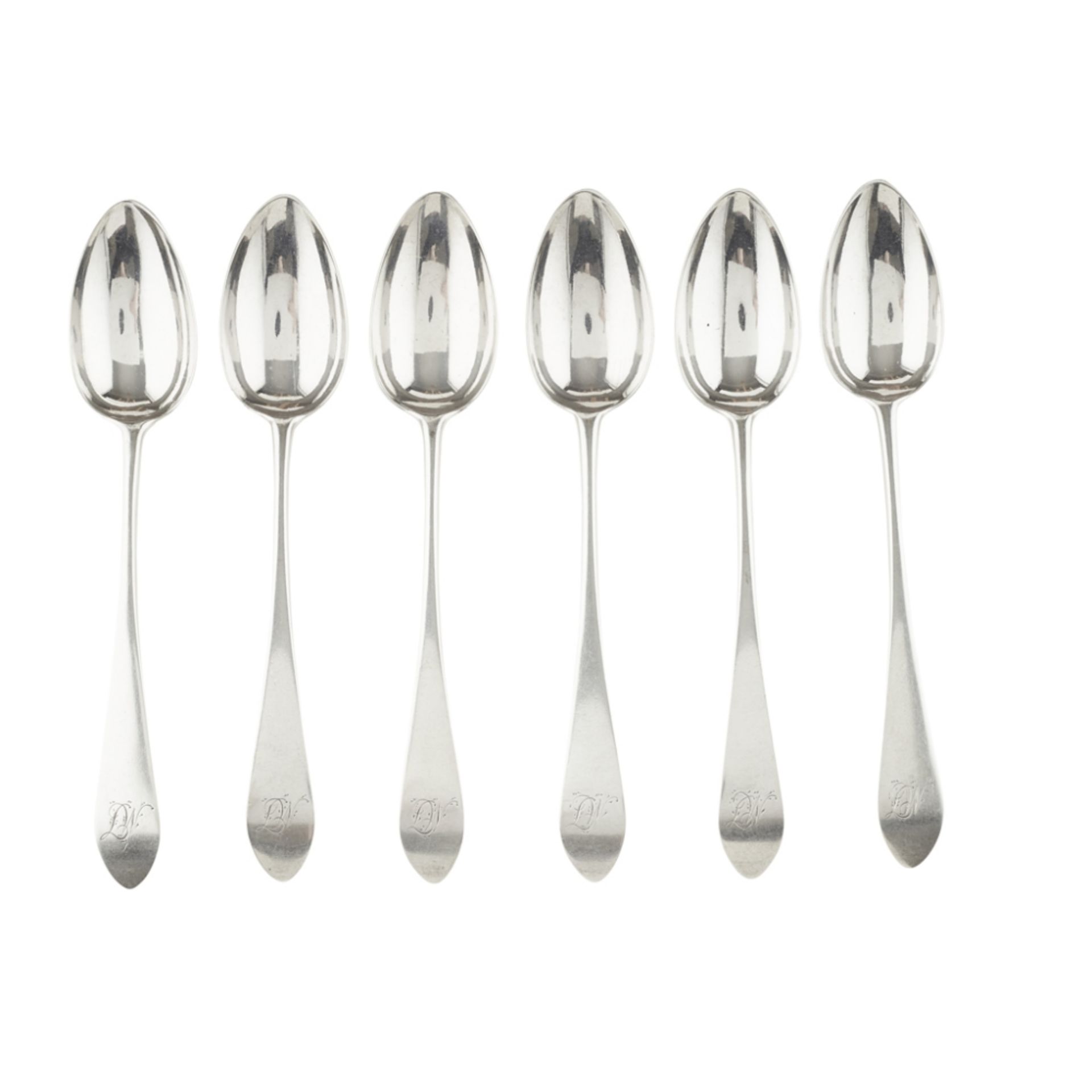 DUNDEE - A SET OF SIX SCOTTISH PROVINCIAL DESSERT SPOONS JAMES DOUGLAS maker DOUGLAS, crowned heart,