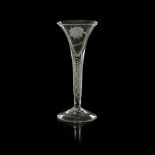 A JACOBITE ENGRAVED WINE GLASS MID-18TH CENTURY the drawn trumpet bowl engraved with single