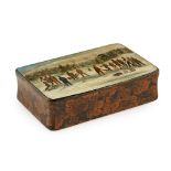 A MAUCHLINE WARE PENWORK SNUFF BOX - OF CURLING INTEREST LATE 19TH CENTURY the lid with hand-painted