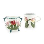 A WEMYSS WARE FLOWER POT AND LARGE MUG 'TULIPS' PATTERN, LATE 19TH/ EARLY 20TH CENTURY the flower