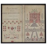 A SCOTTISH EMBROIDERED SAMPLER DATED 1817 with polychrome house and garden with peacocks and