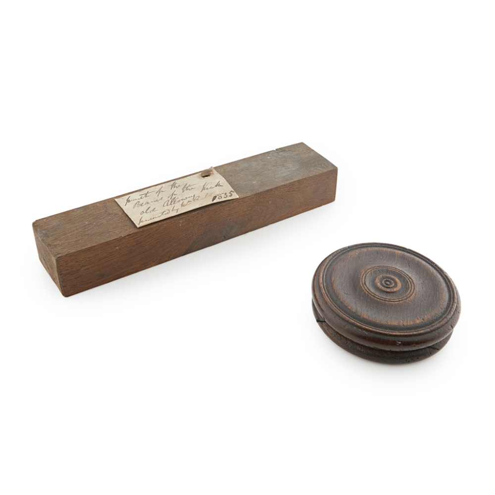 HISTORIC SCOTTISH TREEN to include a rectangular section of wood with handwritten label attached