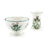 A WEMYSS WARE BEAKER VASE AND FOOTED BOWL 'THISTLES' PATTERN, LATE 19TH/ EARLY 20TH CENTURY the