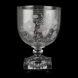 A LARGE JACOBITE REVIVAL GLASS GOBLET EARLY 19TH CENTURY the rounded bowl engraved with a rose