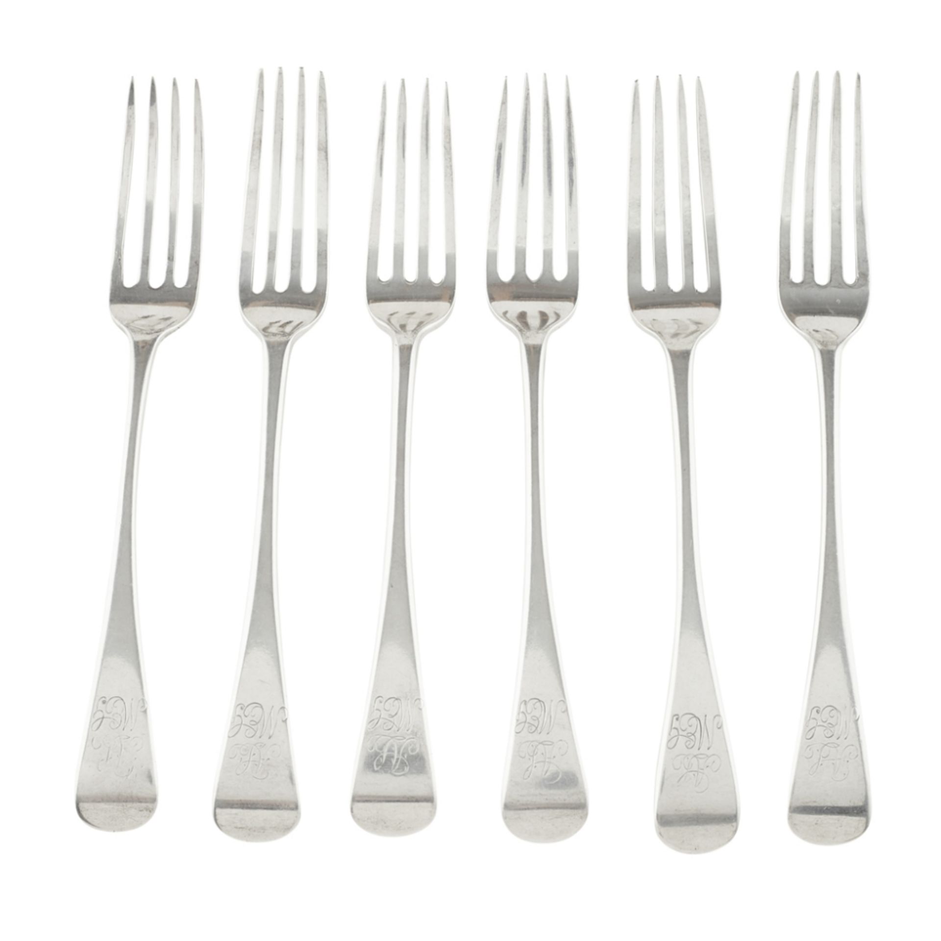 ABERDEEN - A SCARCE SET OF SIX SCOTTISH PROVINCIAL TABLE FORKS DAVID IZAT marked DI, ABD, of Old