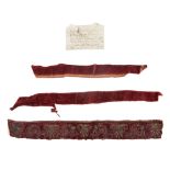 PRINCE CHARLES EDWARD STUART: SECTIONS OF CLOAK CUTTINGS one red velvet round border with silver and