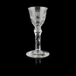 OF JACOBITE INTEREST, A FACETTED STEM ENGRAVED WINE GLASS LATE 18TH CENTURY the round funnel bowl