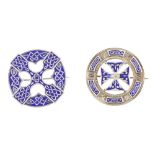 TWO ENAMELLED SCOTTISH BROOCHES both unmarked, each of circular outline, with applied cross detail