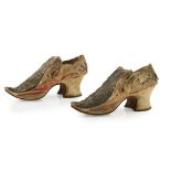 A PAIR OF BULLION WORK DECORATED SHOES EARLY 19TH CENTURY the uppers decorated with bold silver