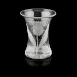 A JACOBITE ENGRAVED DRAM GLASS MID-18TH CENTURY of waisted form with an everted rim, engraved with a