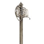 A RARE SILVER HILTED BACK SWORD EARLY 18TH CENTURY unmarked, the full basket composed of fluted flat