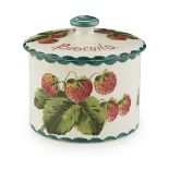 A WEMYSS WARE BISCUIT BARREL 'STRAWBERRIES' PATTERN, EARLY 20TH CENTURY bearing inscription