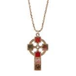 AN AGATE-SET CELTIC CROSS indistinctly marked, of traditional design, set with various agates and