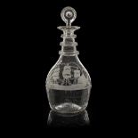 A SCOTTISH REGENCY ENGRAVED GLASS DECANTER CIRCA 1790 of large mallet shape, with triple-ringed neck