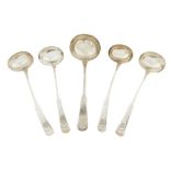 ABERDEEN - A GROUP OF FIVE SCOTTISH PROVINCIAL TODDY LADLES WILLIAM JAMIESON marked flower head, WJ,