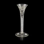 A FINE JACOBITE WINE GLASS MID-18TH CENTURY the small drawn bowl engraved with open rose head