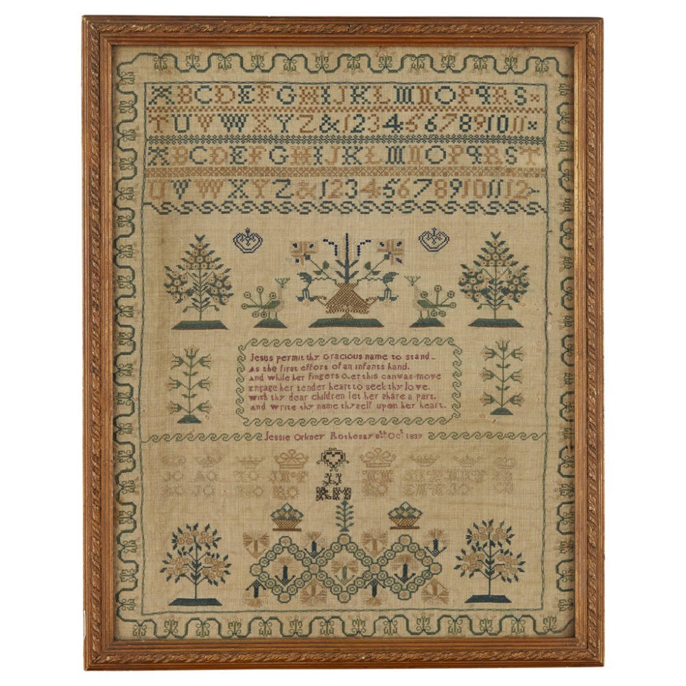 A SCOTTISH EMBROIDERED SAMPLER DATED 1839 with polychrome peacocks, flowering plants, alphabet