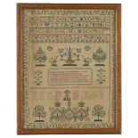 A SCOTTISH EMBROIDERED SAMPLER DATED 1839 with polychrome peacocks, flowering plants, alphabet