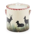 A RARE METHVEN POTTERY PRESERVE JAR AND COVER CIRCA 1900 decorated with a frieze depicting a stag