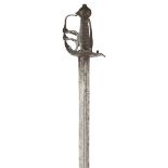 AN ENGLISH MORTUARY HILTED SWORD CIRCA 1640 the blackened iron hilt pierced and chiselled with