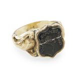 A JACOBITE SEAL RING LATE 18TH CENTURY the banded agate intaglio of shield-shaped outline,