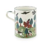 A LARGE WEMYSS WARE 'EARLSHALL' MUG EARLY 20TH CENTURY decorated with huntsmen, hounds and birds