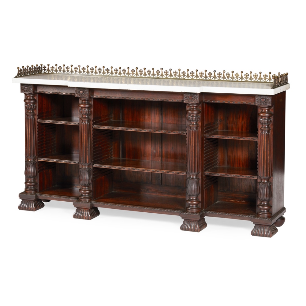 A FINE SCOTTISH REGENCY ROSEWOOD AND SIMULATED ROSEWOOD BREAKFRONT BOOKCASE IN THE MANNER OF JAMES