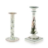 TWO WEMYSS WARE CANDLESTICKS 'FORGET-ME-NOT' AND 'IRIS' PATTERNS, CIRCA 1900 comprising a TALL '