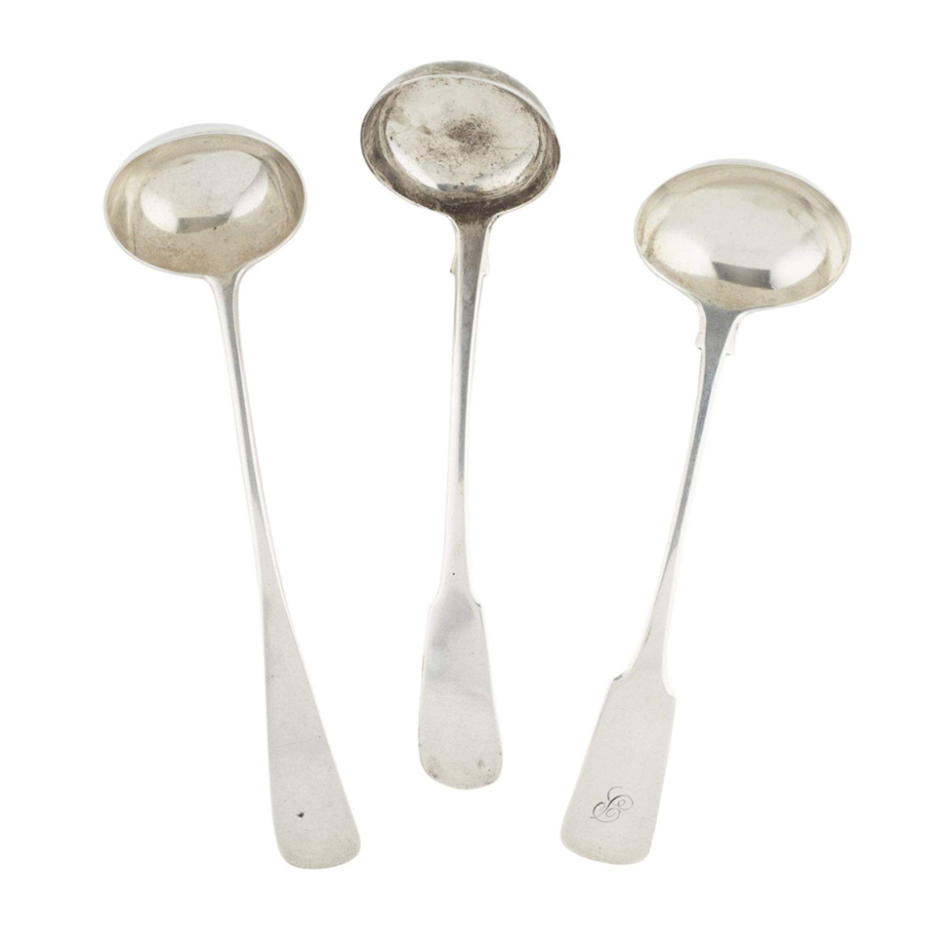 ELGIN - A GROUP OF THREE SCOTTISH PROVINCIAL TODDY LADLES JOHN SELLAR marked, JS, tree and baubles